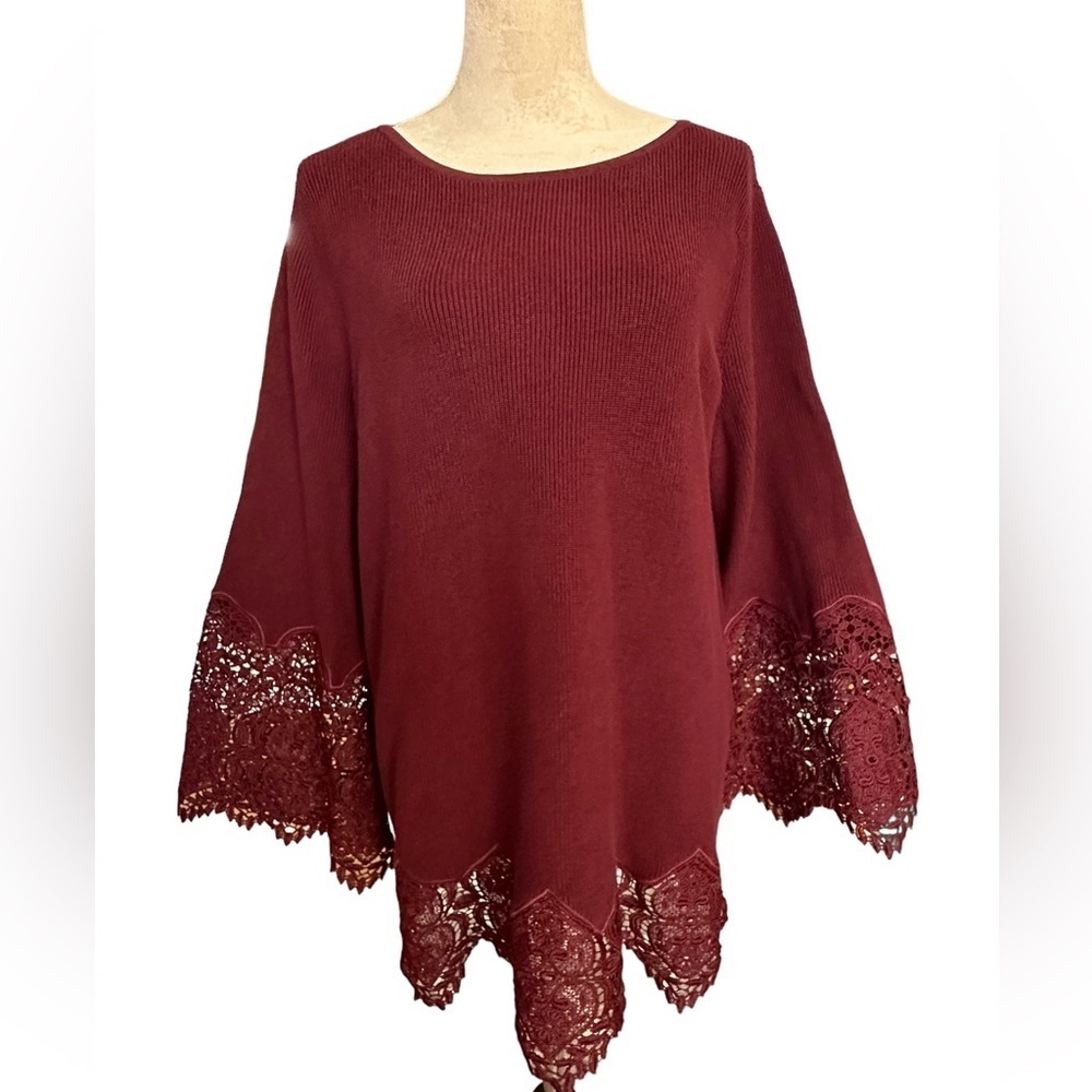 Chico’s burgundy wine belle sleeve ribbon knit lace detail sweater